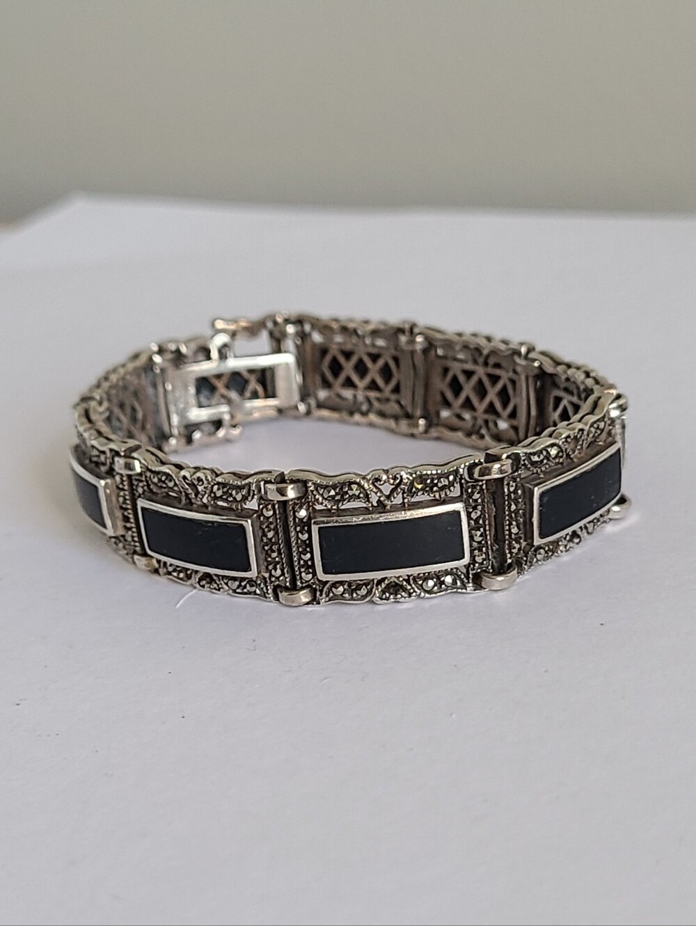 Vintage Sterling Silver Black Onyx Inlay Marcasite Crystal Filigree Bracelet